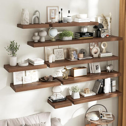 40 Inch Long Floating Shelves for Wall Set of 2, 12"D Wood Grain Bathroom Shelves with Invisible Brackets, Easy Install Engineered Wood Storage Shelves for Kitchen, Living Room, Bedroom, Walnut Finish