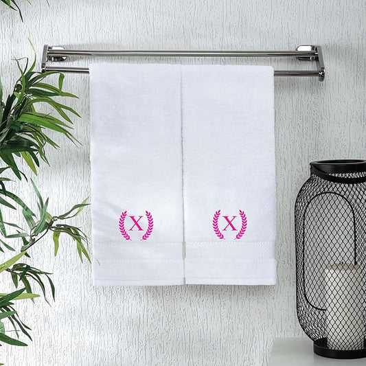 Monogrammed Hand Towels for Bathroom Makeup, Personalized Turkish Cotton Towel with Embroidery, Gift for Weddings, Housewarming, Anniversaries, and Bridal Showers, Set of 2 (Hot Pink, Initial X)