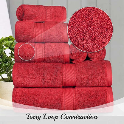 Superior Egyptian Cotton Pile Bath Towel Set of 4, Ultra Soft Luxury Towels, Thick Plush Essentials, Absorbent Heavyweight, Guest Bath, Hotel, Spa, Home Bathroom, Shower Basics, Red