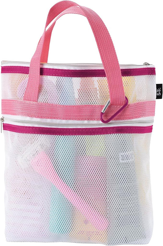 S&T INC. Mesh Shower Caddy, Shower Bag for Dorm Room Essentials, Gym Bag, Camping and More, Two Zippered Pockets, White and Pink, 10 Inches x 10 Inches