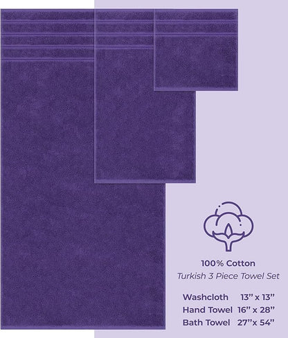 American Soft Linen Premium 3 Piece Towel Set, 1 Bath Towel 1 Hand Towel 1 Washcloth, 600 GSM 100% Cotton Turkish Towels for Bathroom, Purple Towel Set
