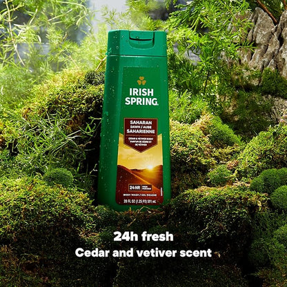 Irish Spring Saharan Dawn Moisturizing Body Wash for Men, 24 Hour Fresh, Face and Body Wash, Paraben Free, Cedar and Vetiver Scent, 20 fl oz Bottle (Pack of 4)