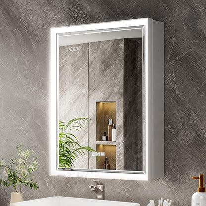 Beveled Lighted Medicine Cabinet with Mirror & Lights -20x26 Surface or Recessed Mirrored Medicine Cabinet with Outlet & Clock, Anti-Fog Dimmable LED Storage Cabinet, Built-in Sensor Light