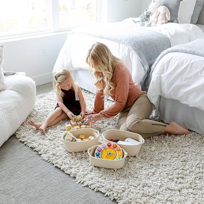NaturalCozy 5-Piece Rectangle Storage Basket Set- Natural Cotton Rope Woven Baskets for Organizing! Small Basket for Montessori, Baby Nursery, Dog Toy Baskets, Cat Toy Box, Bathroom Organization Bin