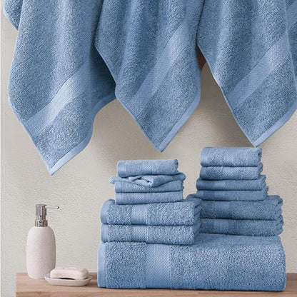 LANE LINEN 100% Cotton Premium Bathroom Towels Set - 16 Pieces - Ring Spun, Quick Dry, Super Soft & Highly Absorbent - 4 Bath, 8 Washcloths, 4 Hand Towels for Bathroom - Pre Shrunk - Cerulean Blue
