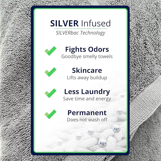 Lincoln & Palm 3 Piece Turkish Towels Set, Thick, Soft, Plush 700 GSM Spa & Hotel Quality, Silver Infused SILVERbac | Bath 58x30, Hand 30x16, Face Wash Cloth 13x13 (3 Piece Towel Set, Silver)