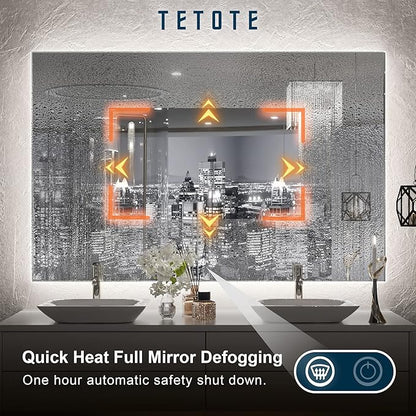 TETOTE 48 x 30 Inch LED Mirror Backlit Bathroom,Anti-Fog Mirror with Light,Dimmable,CRI90+,IP54 Water Proof,Wall Mounted Vanity Lighted Mirror,Horizontal/Vertical