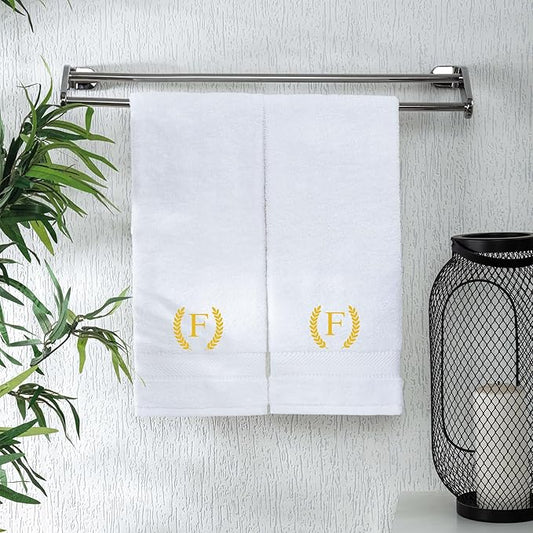 Monogrammed Hand Towels for Bathroom Makeup, Personalized Turkish Cotton Towel with Embroidery, Gift for Weddings, Housewarming, Anniversaries, and Bridal Showers, Set of 2 (Gold, Initial F)