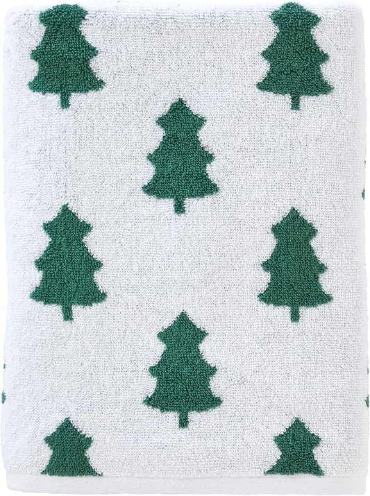 SKL Home Christmas/Winter Holiday Trees 100% Cotton Premium Bath Towel, 500 GSM, Soft & Absorbent, Reversible Jacquard, Decorative, Green/White