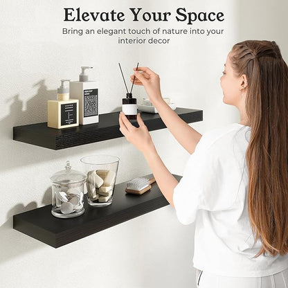 Floating Shelves for Wall, 9.3" Deep Wall Mounted Wood Shelves for Bathroom, Bedroom, Living Room, Kitchen, Hanging Shelf for Books/Storage/Room Decor (Black, 30")