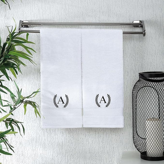 Monogrammed Hand Towels for Bathroom Makeup, Personalized Turkish Cotton Towel with Embroidery, Gift for Weddings, Housewarming, Anniversaries, and Bridal Showers, Set of 2 (Black, Initial A)