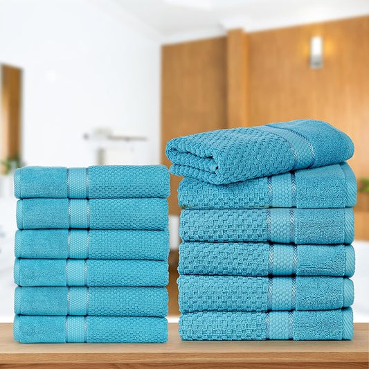 Ample Decor 100% Cotton Sky Blue Hand Towels for Bathroom - Highly Absorbent, Popcorn Textured - 12Pcs 18 X 28 Inch