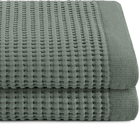 GILDEN TREE Waffle Towels for Bathroom Luxury 100% Cotton Bath Towels, Quick Dry Towel, Thin Super Absorbent Lint Free Shower Towels, Bath Towels Set of 2, Modern Style (Sage Grey)