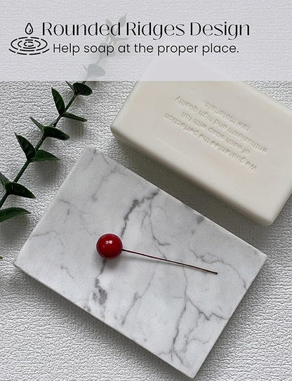 Real Marble Soap Dish - Soap Dish for Shower, Shower Bar Soap Holder, Marble Dish for Bathroom Kitchen, Decorative Stone Soap Dish (Calacatta White, Rectangular)