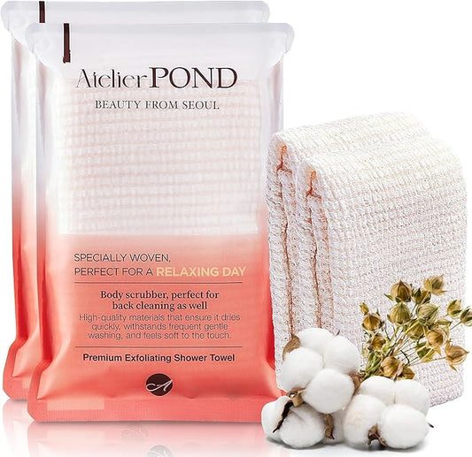 Korean Exfoliating Washcloth 2-Pack – Non-Irritating Cotton-Blend Exfoliating Shower Towel for Sensitive Skin (Soft Orange – Value Set)