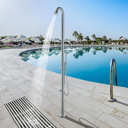 HEATGENE Outdoor Shower System, Showerhead, Wand Hand Shower, Foot Spout Rinse, Outdoor Shower Stand for Outside/Poolside/Patio Drench Shower - Brushed