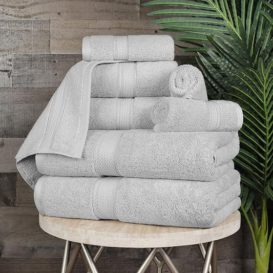 BLUENILEMILLS Madison Egyptian Cotton Towels, Towel Set for Bathroom, Shower, Hotel, Plush, 800 GSM, Highly Absorbent and Ultra-Soft Towels, Bath Essentials, 8 Piece Assorted Towel Set, Silver
