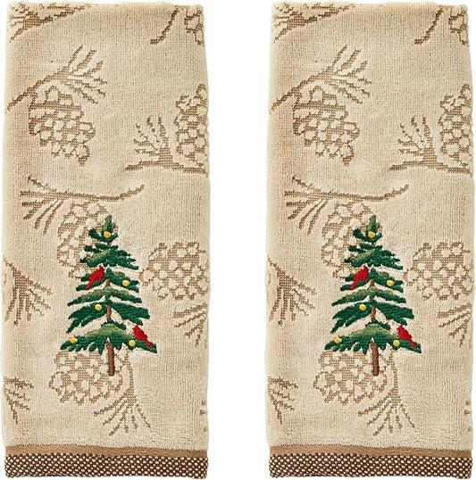 SKL Home Christmas/Winter Seasonal Fir 100% Cotton Embroidered 2pc Hand Towel Set, Decorative Jacquard for Bath/Kitchen/Bar, Wheat