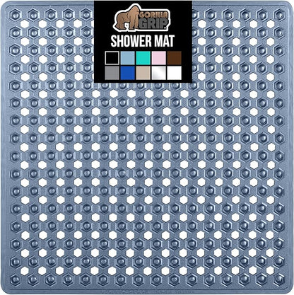 GORILLA GRIP Patented Square Shower Stall Mat, Small Bathtub Floor Mats for Stand Up Showers, Suction Cups and Drainage Holes, Machine Wash, Soft on Feet, Bathroom Accessories 21x21 Inch, Navy Blue