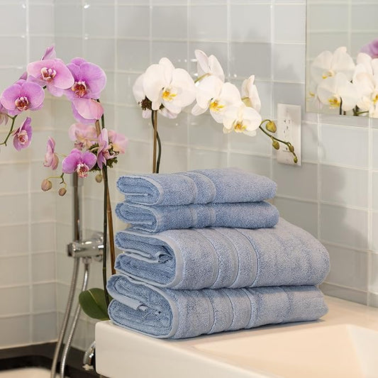 Mosobam Luxury Turkish 4pc Towel Set 30X58 16X30 Allure Blue 700 GSM Bamboo Viscose & Aegean Turkish Combed Cotton
