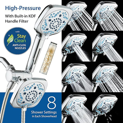 6-way High Pressure 82 Spray Mode Filtered Showerhead Combo - Handheld Shower Head Filters Chlorine to Heal Dry Skin, Revive Hair - Dual Power Wash Cleans Tub, Tile, Pets - Hard Water Softener, Chrome