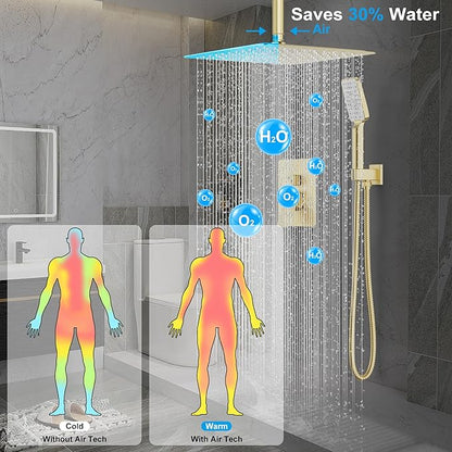 Shower System 12IN Modern Rain Brass Faucet Set With Valve and Diverter Shower Mixer With Handheld High Pressure Square Rainfall Shower Valve (12'' Ceiling Mount, Brushed Gold)