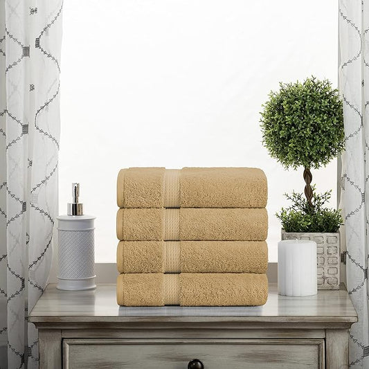 BLUENILEMILLS BNM Egyptian Cotton 4-Piece Towel Set, Includes 4 Hand Towels, Attached Loop for Easy Hanging and Storage, Hotel Quality, Perfect for Bathroom, Gym, Shower Space, or Spa, Toast