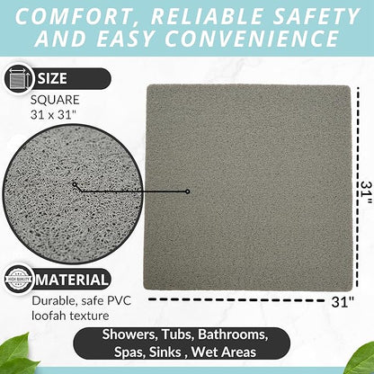 ENKOSI Loofah Square Shower Mat - Non Slip Shower Mats for Inside Shower - Extra Large 31x31 Shower Floor Mat Non Slip - Square Bath Mat for Shower - Secure Anti Slip Shower Bathroom Mat (31x31 Gray)