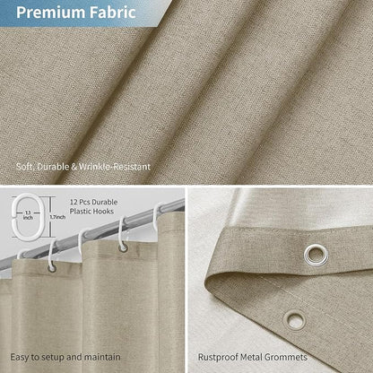 2-in-1 Waterproof Extra Long Fabric Shower Curtain or Liner,Linen Textured,84 Inch Breathable TPU & Washable Bathroom Shower Curtain Set with 12 Plastic Hooks,Modern,72"x84" Khaki