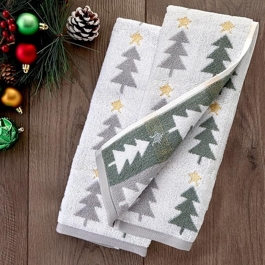 SKL Home Christmas/Winter Multi Trees 100% Cotton Premium 2-Piece Hand Towel Set, 500 GSM, Reversible Jacquard, Soft & Absorbent, Decorative for Bath/Kitchen/Bar, Multi