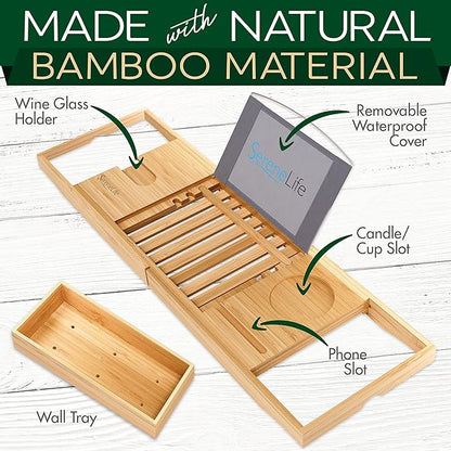 SereneLife Luxury Bamboo Bathtub Caddy Tray - Adjustable Natural Wood Bath Tub Organizer with Wine Holder, Cup Placement, Soap Dish, Book Space & Phone Slot for Spa, Bathroom & Shower SLBCAD20