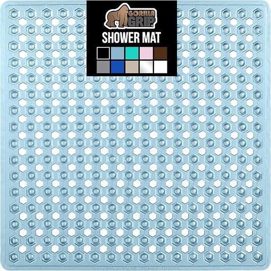 GORILLA GRIP Patented Square Shower Stall Mat, Small Bathtub Floor Mats for Stand Up Showers with Suction Cups and Drainage Holes, Machine Washable, Soft on Feet, Bathroom Accessories 21x21 Inch, Blue