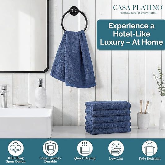 Casa Platino Hand Towels Pack of 6 (16"x28") - Spa & Hotel Quality - 100% Luxury Cotton, Ring Spun - Quick Dry, Ultra Soft & Absorbent Bath Hand Towels for Bathroom & Salon - Pre Shrunk - Navy Blue