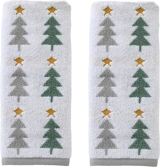 SKL Home Christmas/Winter Multi Trees 100% Cotton Premium 2-Piece Hand Towel Set, 500 GSM, Reversible Jacquard, Soft & Absorbent, Decorative for Bath/Kitchen/Bar, Multi