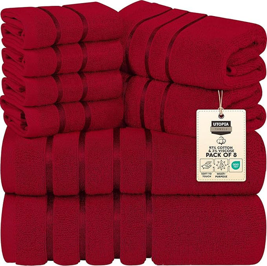 Utopia Towels 8-Piece Luxury Towel Set, 2 Bath Towels, 2 Hand Towels, and 4 Wash Cloths, 600 GSM Ring Spun Cotton Highly Absorbent Viscose Stripe Towels Ideal for Everyday use (Red)