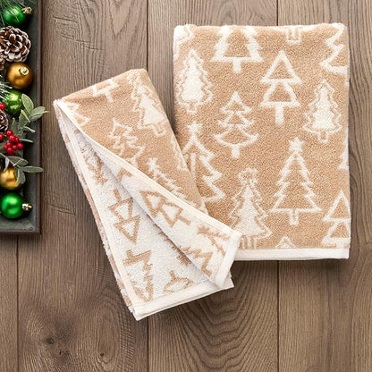 SKL Home Christmas/Winter Mod Tree 100% Cotton Premium Bath Towel, 500 GSM, Soft & Absorbent, Reversible Jacquard, Decorative, Tan