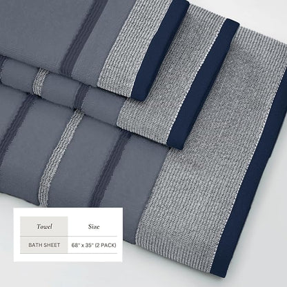 Great Bay Home Decorative Oversized Bath Sheet Set - Luxury Cotton 2 Pack 68x35 Extra Large Towels - Luxurious, Ultra-Soft, Durable Towels for Bathroom Decor (Blue)