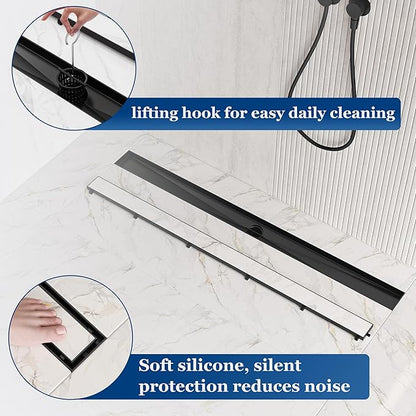 Neodrain 54-Inch Linear Shower Drain with Tile Insert Grate, Matte Black 304 Stainless Steel Rectangle Shower Floor Drain, Linear Drain with Leveling Feet, Hair Strainer