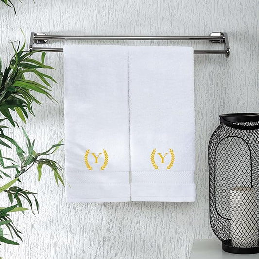 Monogrammed Hand Towels for Bathroom Makeup, Personalized Turkish Cotton Towel with Embroidery, Gift for Weddings, Housewarming, Anniversaries, and Bridal Showers, Set of 2 (Gold, Initial Y)