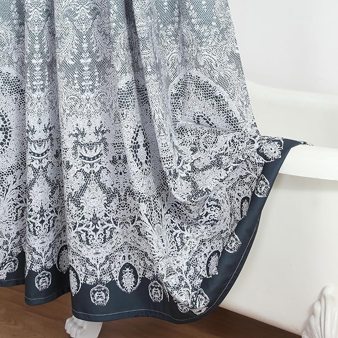 90 Inch Extra Long Shower Curtain - Chantilly Lace Design, Heavyweight Polyester, Dark Gray to White Ombre, 72" W x 90" H