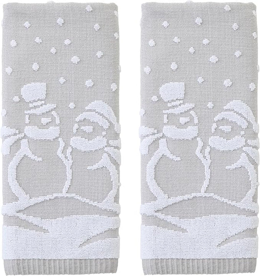 SKL Home Christmas/Winter Scenic Snowmen 100% Cotton Premium 2-Piece Hand Towel Set, 500 GSM, Reversible Jacquard, Soft & Absorbent, Decorative for Bath/Kitchen/Bar, Gray