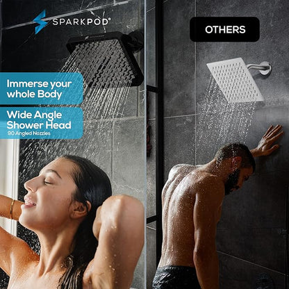 SparkPod Shower Head - High Pressure Rain - Premium Quality Luxury Design - 1-Min Install - Easy Clean Adjustable Replacement for Your Bathroom Shower Heads (Midnight Black Matte, 8 Inch Square)