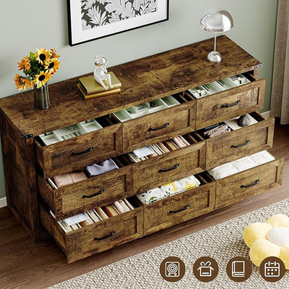 9-Drawer Dresser for Bedroom, Modern Wooden Chest of Drawers with Metal Handles, Anti-Tipping Design, Sturdy and Stable Storage Organizer for Living Room, Entryway, Home Office
