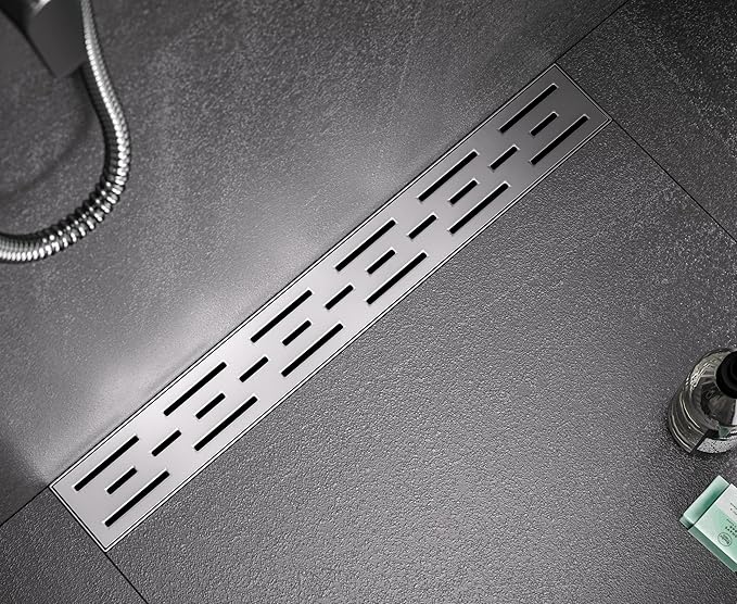 HEATGENE 48-Inch Linear Shower Drain in Brushed - Stainless Steel Rectangular Shower Floor Drain - Removable Decorative Cover - Adjustable Leveling Feet - CUPC Certified