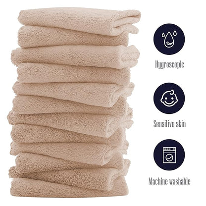16 Pack Baby Washcloths - 10x10 Inch, Coral Fleece - Extra Absorbent and Soft Wash Clothes for Newborns, Infants and Toddlers - Suitable for Sensitive Skin and New Born - Baby Shower - Brown