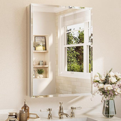 TETOTE 24 x 32 Bathroom Mirror Cabinet with Tempered Beveled Mirror Silver Medicine Cabinet Aluminum Cabinet DTC Hinges, Stepless Adjustable Shelves, Recessed/Surface-Mounted