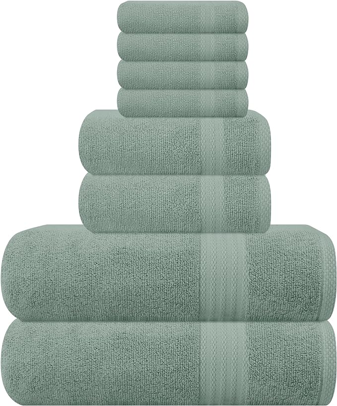 GLAMBURG Ultra Soft 8-Piece Towel Set - 100% Pure Ringspun Cotton, Contains 2 Oversized Bath Towels 27x54, 2 Hand Towels 16x28, 4 Wash Cloths 13x13 - Ideal for Everyday use, Hotel & Spa - Jade