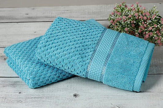 Ample Decor 100% Cotton Sky Blue Hand Towel for Bathroom Set of 2- Super Soft, Quick-Dry, Highly Absorbent, Popcorn Textured - Mulaayam Collection - 18 X 28 Inch