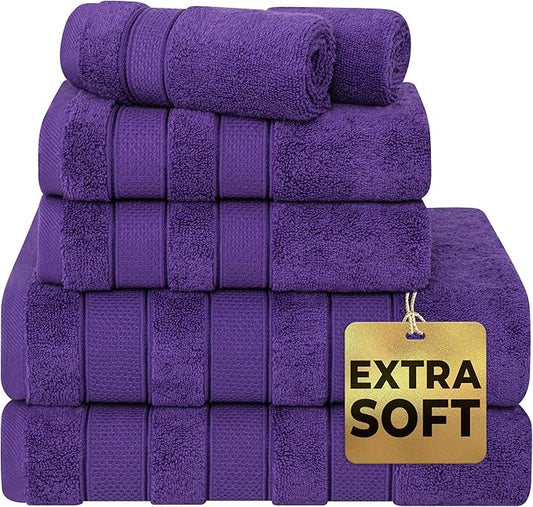 American Soft Linen Salem Turkish Bath Towel Set, 100% Cotton 600 GSM 6 Piece Towels for Bathroom, 2 Bath Towels 2 Hand Towels 2 Washcloths, Purple