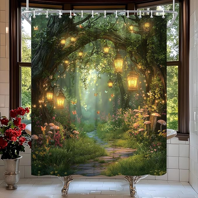 Fantasy Forest Path Shower Curtain Fairy Magical Enchanted Misty Jungle Mushroom Floral Tree Butterfly Lantern Wonderland Plant Bath Curtain Fabric Bathroom Accessories Decor with Hooks 70W x80L